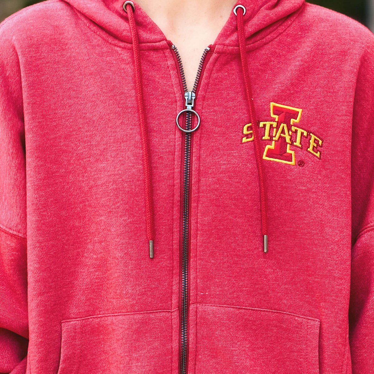 Colosseum Women's I-State Cardinal Full-Zip Hooded Sweatshirt design close up